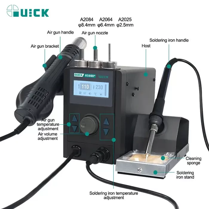 QUICK σταθμός κόλλησης QUICK8586D+, κολλητήρι/πιστόλι θερμού αέρα, 800W, 100~480 °C 4 QUICK σταθμός κόλλησης QUICK8586D+, κολλητήρι/πιστόλι θερμού αέρα, 800W, 100~480 °C - Image 2