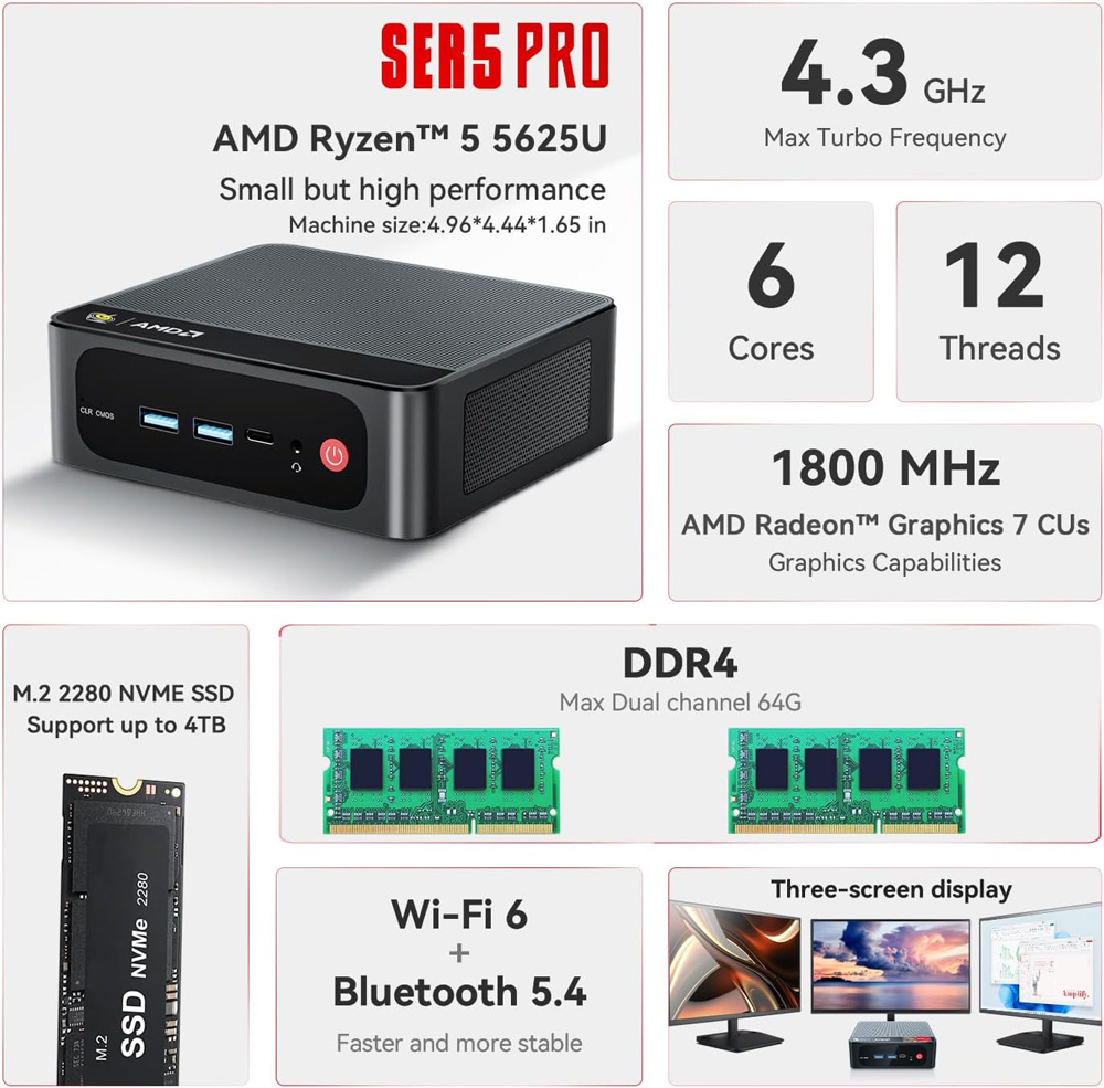 BEELINK mini PC SER5 Pro, AMD 5625U, 16GB, 500GB M.2, Windows 11 Pro 7 BEELINK mini PC SER5 Pro, AMD 5625U, 16GB, 500GB M.2, Windows 11 Pro - Image 5