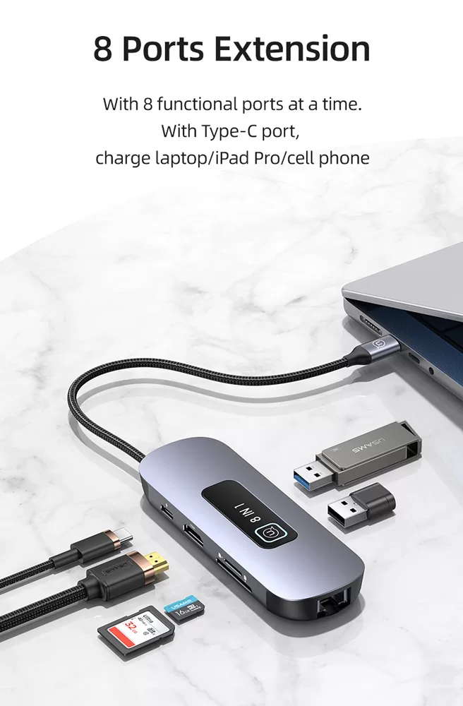 USAMS docking station US-SJ643, 8 θυρών, USB-C, 4K, 100W PD, LAN, γκρι 4 USAMS docking station US-SJ643, 8 θυρών, USB-C, 4K, 100W PD, LAN, γκρι - Image 2
