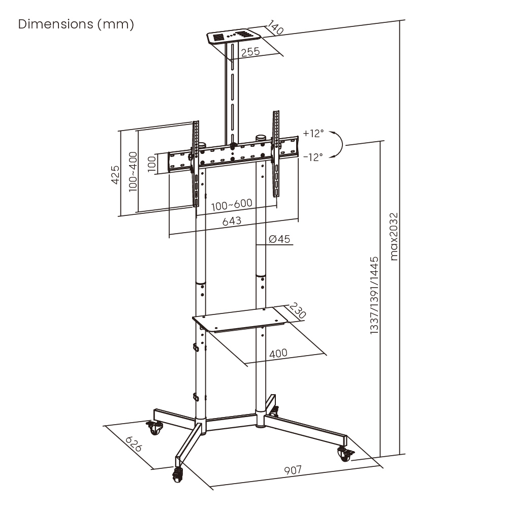 BRATECK βάση τηλεόρασης δαπέδου T1042T, 37-70", έως 45kg, με ράφια & ροδάκια 9 BRATECK βάση τηλεόρασης δαπέδου T1042T, 37-70", έως 45kg, με ράφια & ροδάκια - Image 7