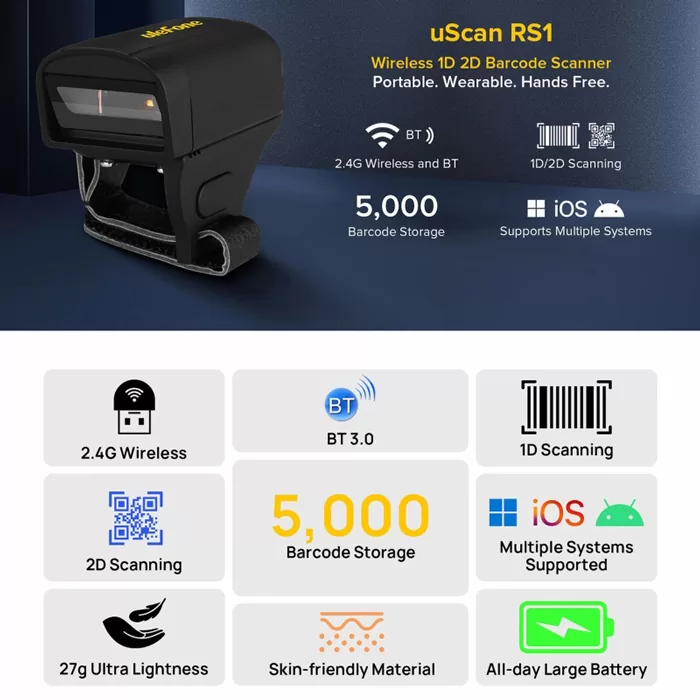 ULEFONE barcode scanner uScan RS1, ασύρματο 2.4G/Bluetooth, 1D/2D, μαύρο 4 ULEFONE barcode scanner uScan RS1, ασύρματο 2.4G/Bluetooth, 1D/2D, μαύρο - Image 2