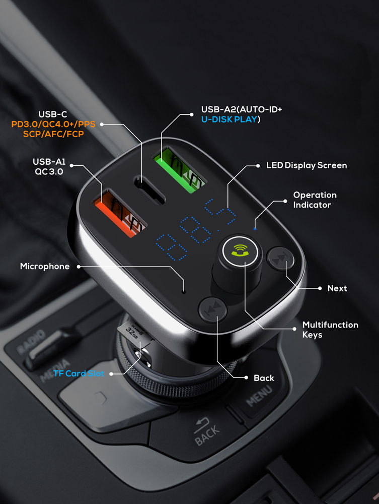 LDNIO FM Transmitter & φορτιστής C704Q, 2x USB/1x USB-C, 36W, Bluetooth, μαύρο 12 LDNIO FM Transmitter & φορτιστής C704Q, 2x USB/1x USB-C, 36W, Bluetooth, μαύρο - Image 10