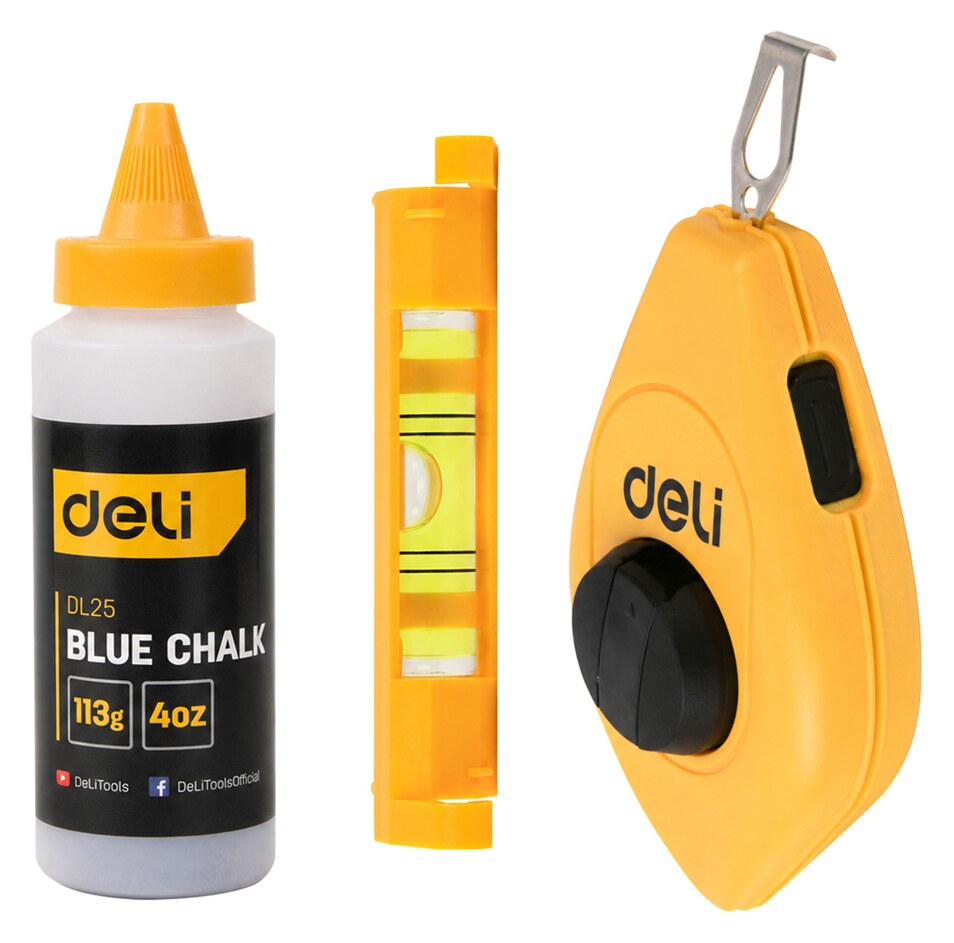 DELI σετ νήμα στάθμης DL25 με μπλε σκόνη & αλφάδι, 30m 3 DELI σετ νήμα στάθμης DL25 με μπλε σκόνη & αλφάδι, 30m