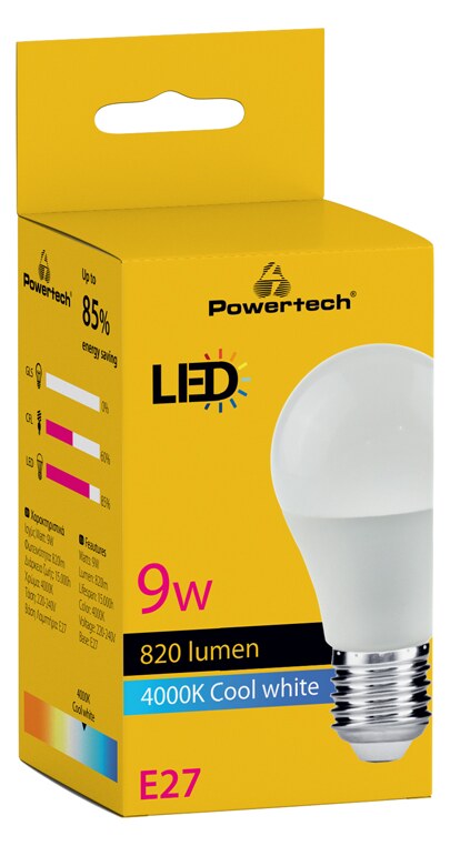 POWERTECH LED λάμπα E27-020, 9W, 4000K, E27, 820lm 5 POWERTECH LED λάμπα E27-020, 9W, 4000K, E27, 820lm - Image 3