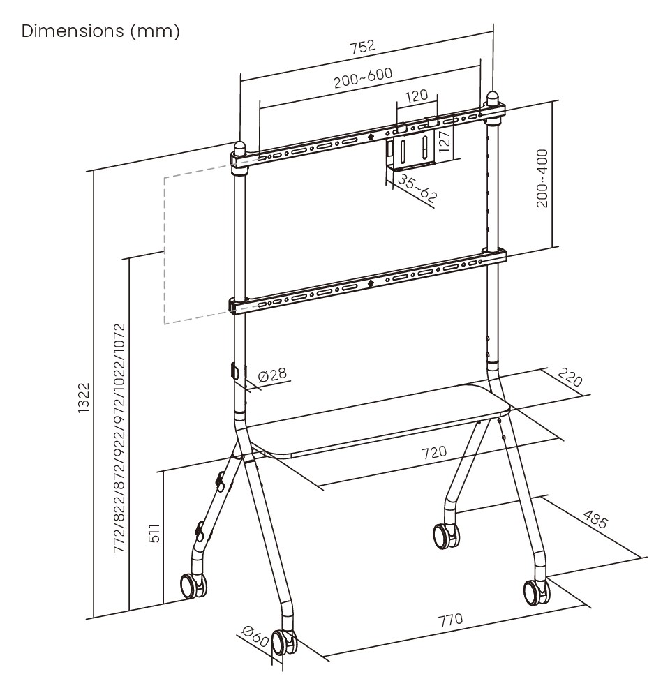 BRATECK βάση τηλεόρασης δαπέδου FS66-46F-01, 37-86", έως 80kg, με ράφι & ροδάκια 7 BRATECK βάση τηλεόρασης δαπέδου FS66-46F-01, 37-86", έως 80kg, με ράφι & ροδάκια - Image 5
