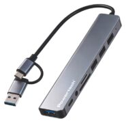 POWERTECH USB hub PTR-0205 με card reader, 8 θυρών, USB & USB-C σύνδεση, γκρι 1