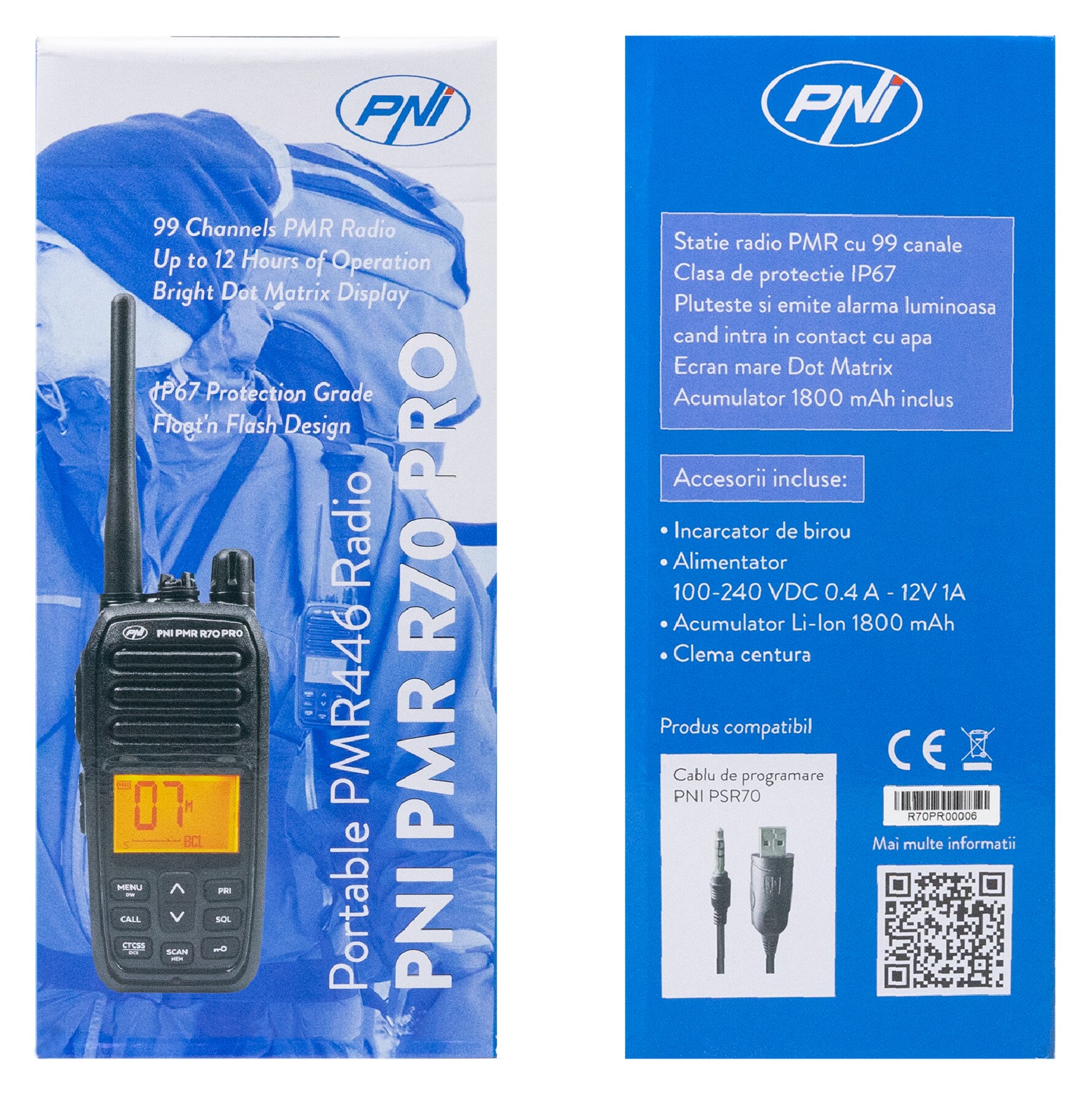 PNI PMR R70 PRO Επαγγελματικός Φορητός Πομποδέκτης PMR446 0.5W IP67, 16 Κανάλια, Μπαταρία 1800mAh (1 τμχ) 18 PNI PMR R70 PRO φορητός πομποδέκτης PMR446 IP67 με μπαταρία 1800mAh