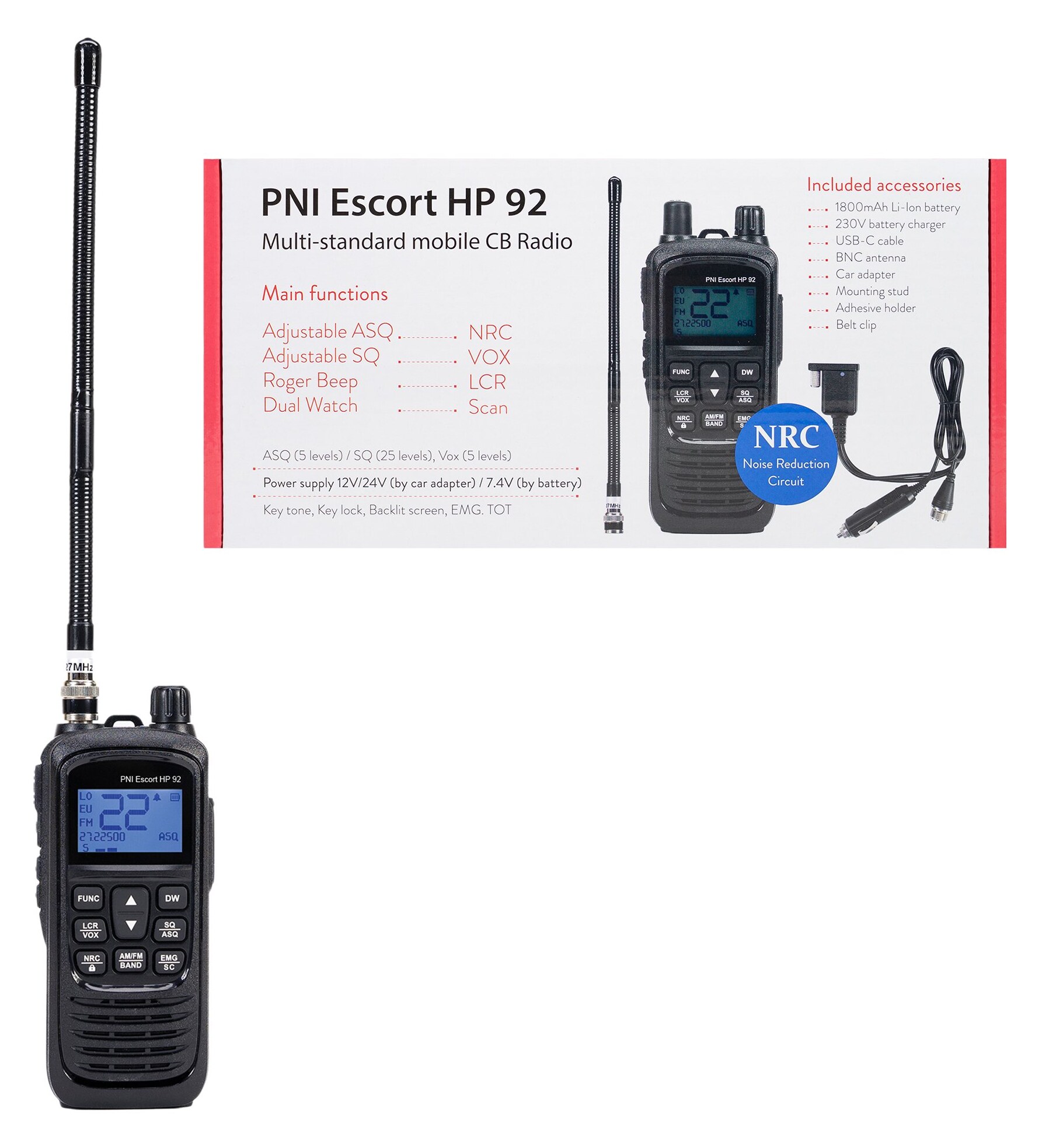 PNI Escort HP 92 φορητό CB multi-standard 4W AM/FM με μπαταρία 1800mAh